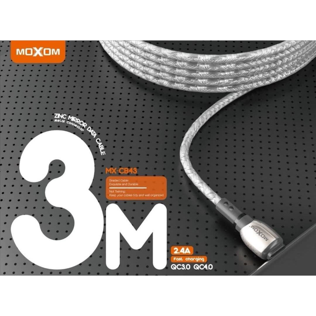 MOXOM USB Cable 3M & 4M ZINC ALLOY BRAIDED CABLE SUPPORT QC3.0 FAST CHARGING | Shopna Online Store .